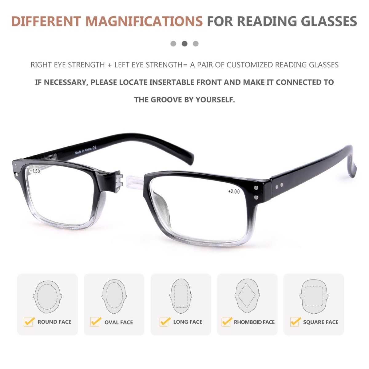 (Must Buy Both Eye) Reading Glasses with Different Strength for Each Eye - Black Clear Frame - Gr8sight